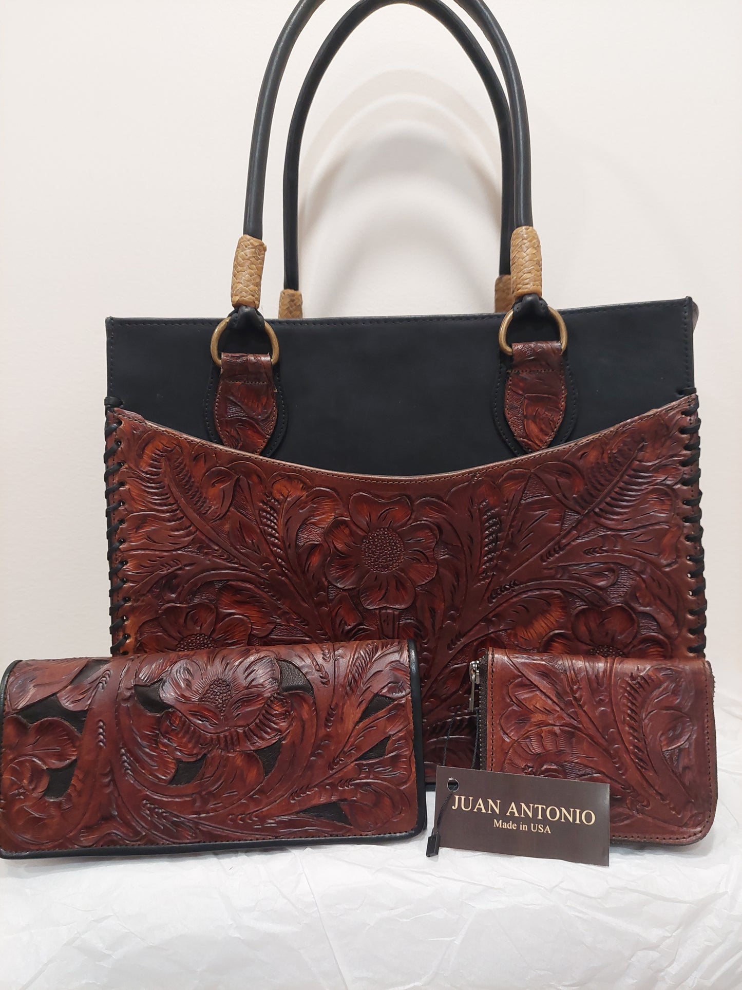 juan antonio 2050 bison tote with two brown tooled wallets
