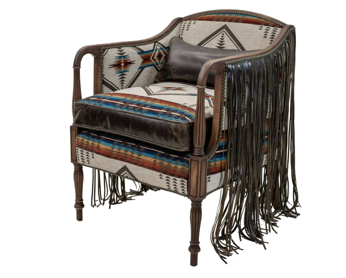 artisanal sheridan chair with custom southwestern fabric and fringe for modern western homes