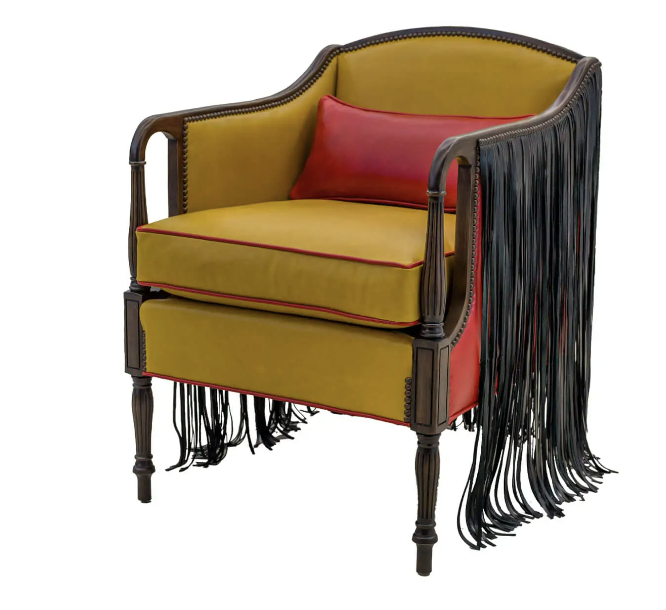 artisanal gold chair with red piping and black fringe for modern western homes