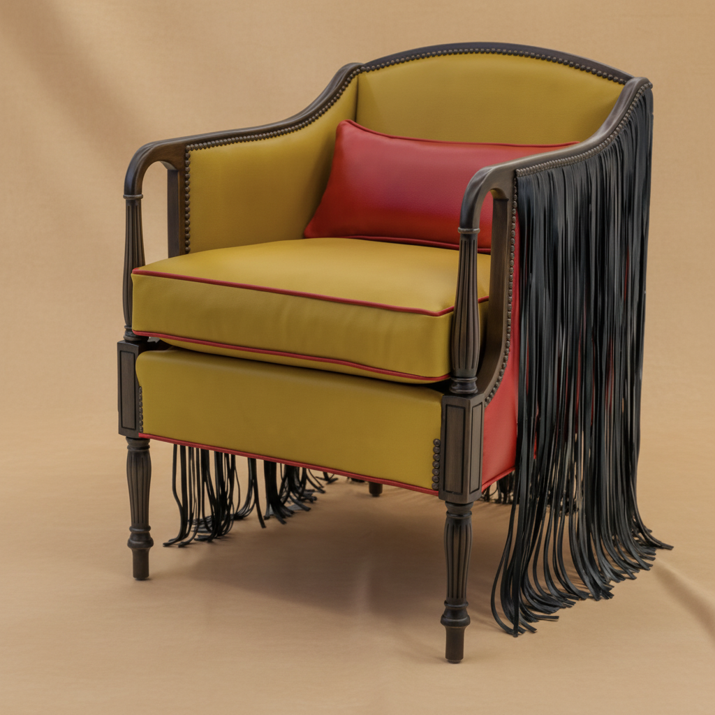 artisanal gold chair with red piping and black fringe for modern western homes