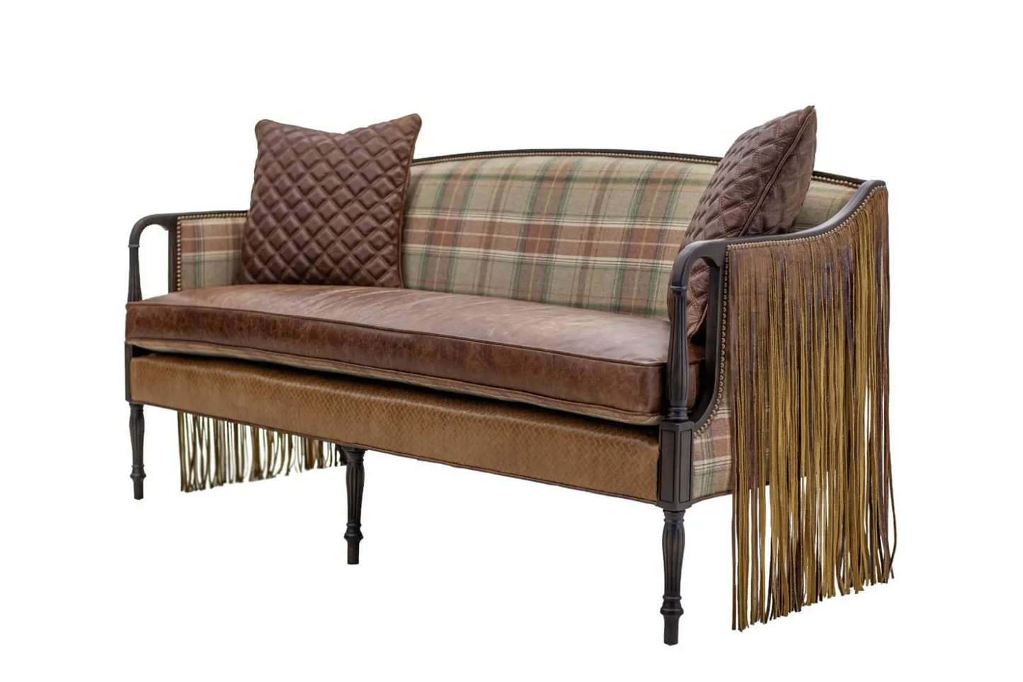 artisanal sheridan sofa with brown leather, fringe and wool plaid for modern western ranches