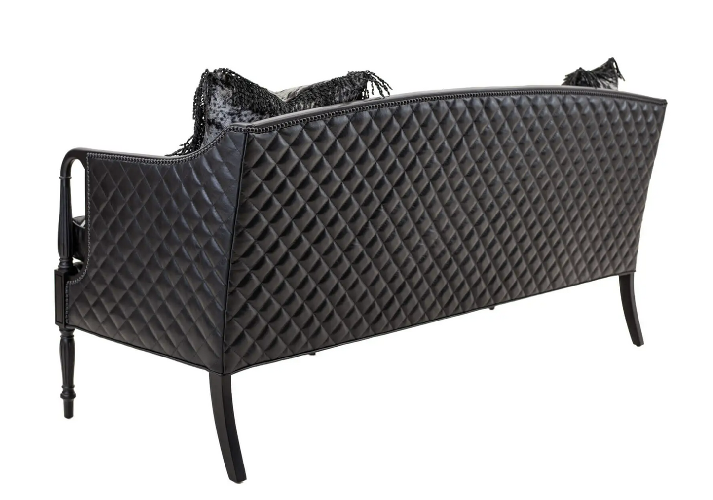 back view of custom sheridan sofa in black quilted leather for modern western ranches