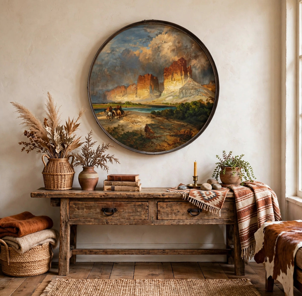 Whiskey barrel ring wall art with red rock cliffs design styled above a console table, Diamond W Ranch