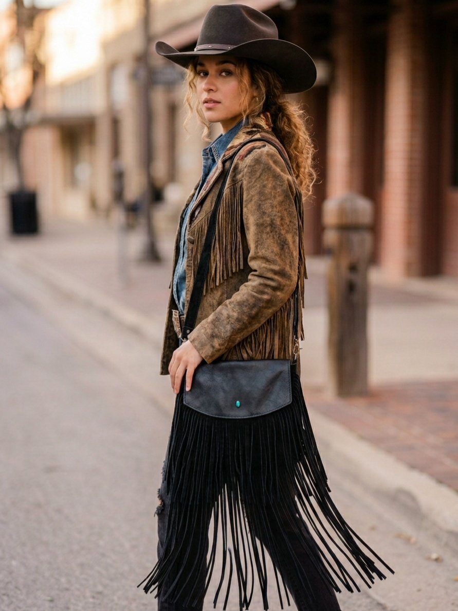 Ondina Fringe black Italian leather fringe bag with turquoise closure worn with fringe jacket, Diamond W Ranch