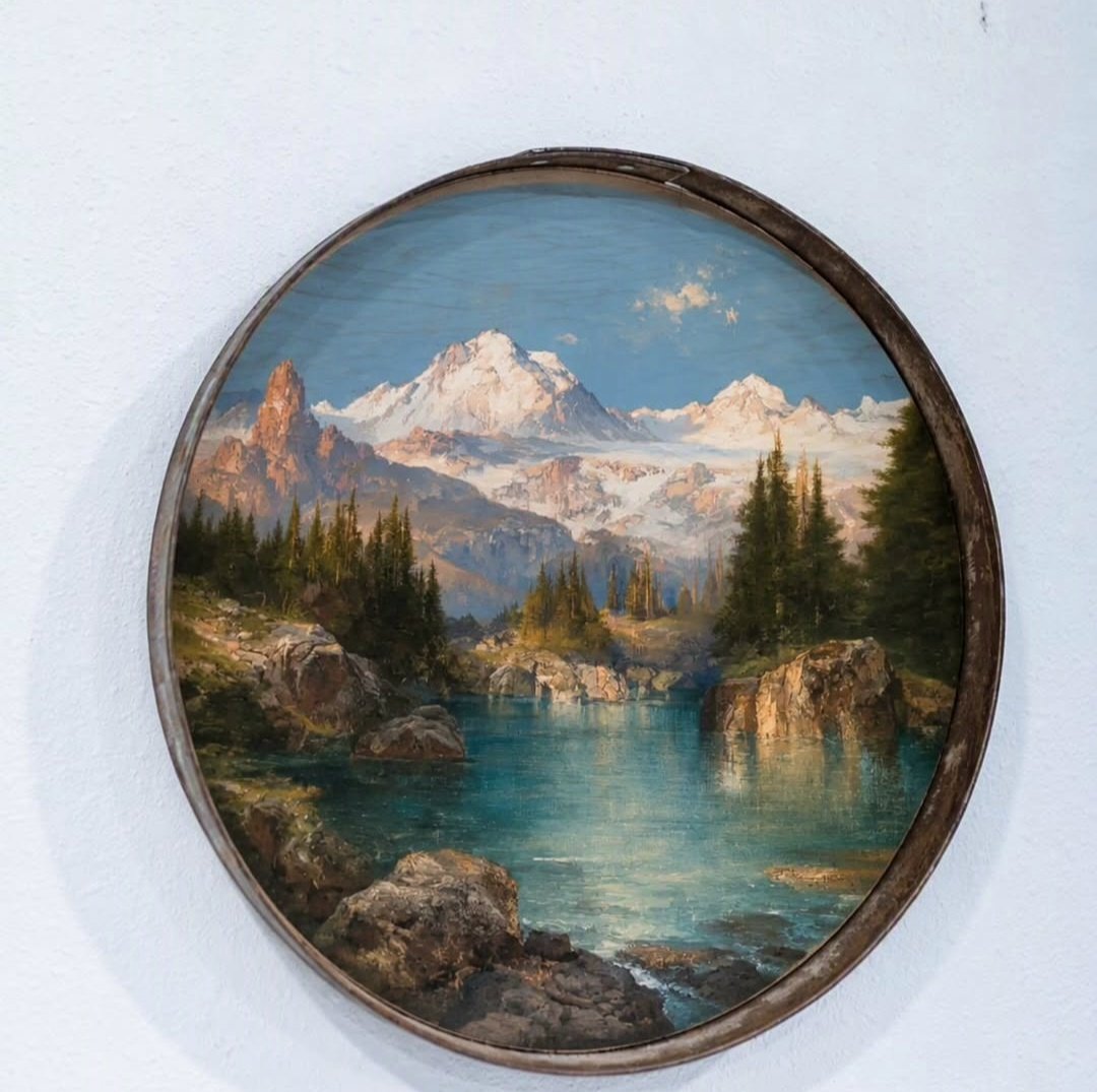 Whiskey barrel ring wall art with mountain lake design, Diamond W Ranch
