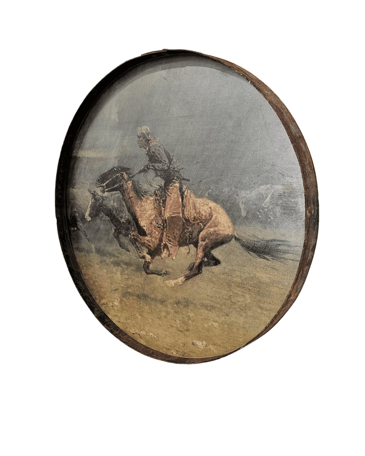Whiskey barrel ring wall art with storm rider design, Diamond W Ranch