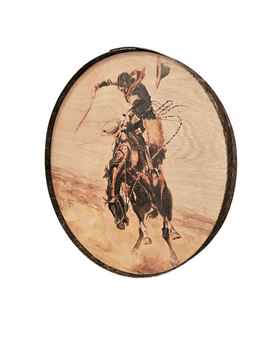 Whiskey barrel ring wall art with bucking horse design, Diamond W Ranch