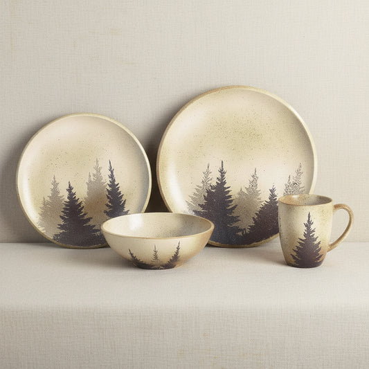 Misty PInes stoneware place setting on a neutral background- Diamond W Ranch 