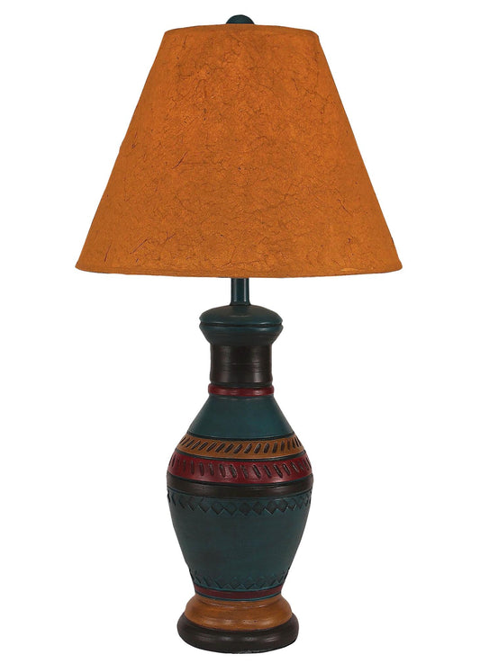 Decorative southwest amp with a paper fiber shade on a white background