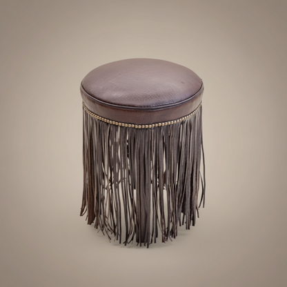 Fringed stool with dimensions and sample information on a white background