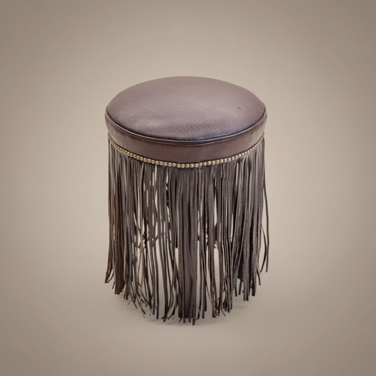 Fringed stool with dimensions and sample information on a white background