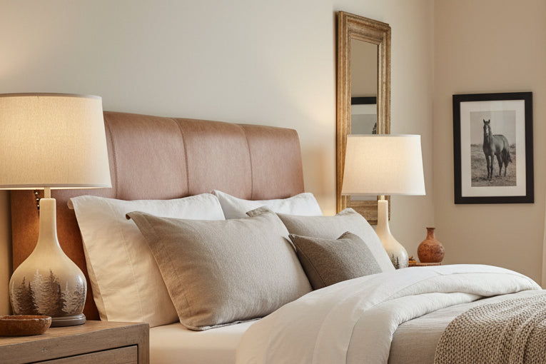 Table lamp with a beige shade and decorative base on a white background