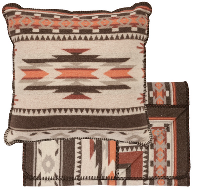 Wooded River Alamosa Blanket and Pillow set on a white background