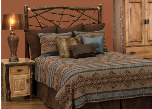 Wooded River Bison Ridge Bedding set with leather accent pillows in rustic cabin bedroom