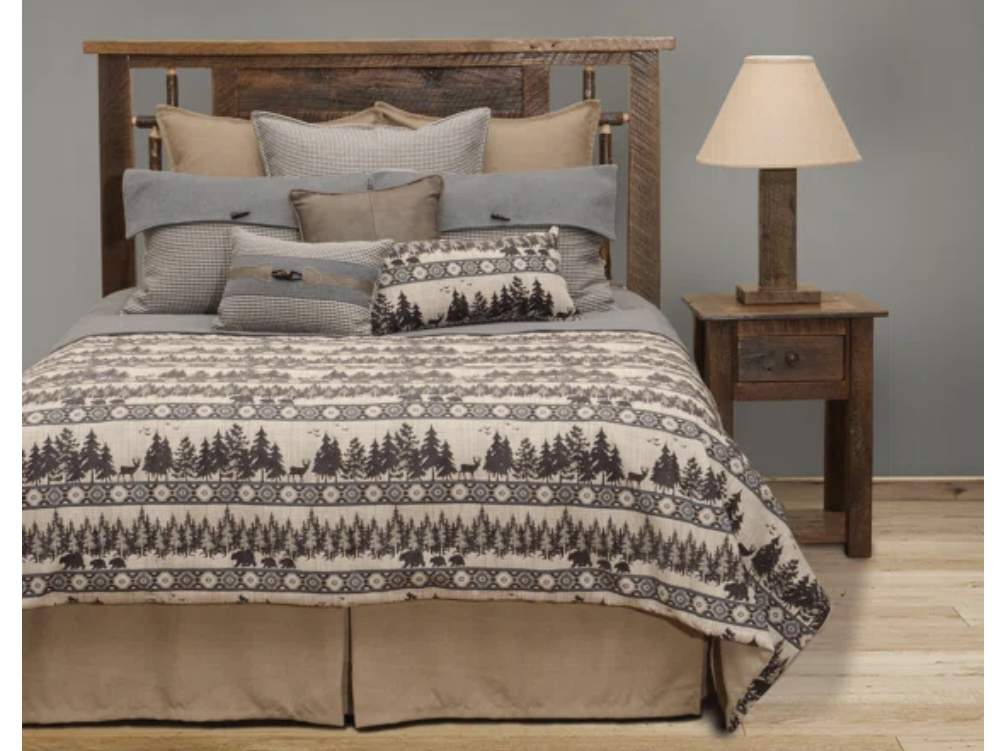 Wooded River Bluestone bedding ensemble in rustic bedroom 