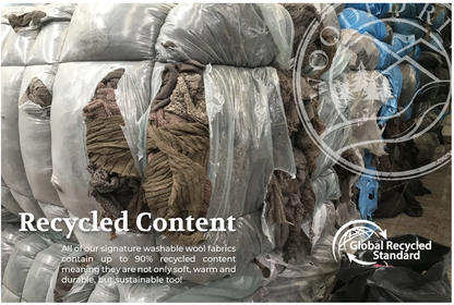 Picture of recycled fabric bundles with the words "Recycled Content" over it