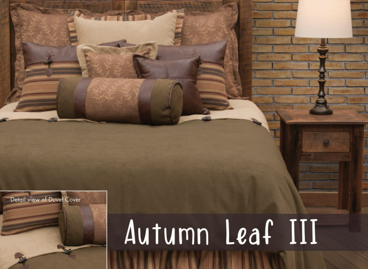 rustic bed with Autumn Leaf bedding on it, and insert picture showing toggle detail close up