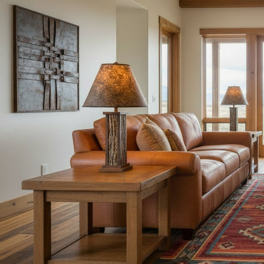 Living room with bark & ember lamp on a wooden coffee table