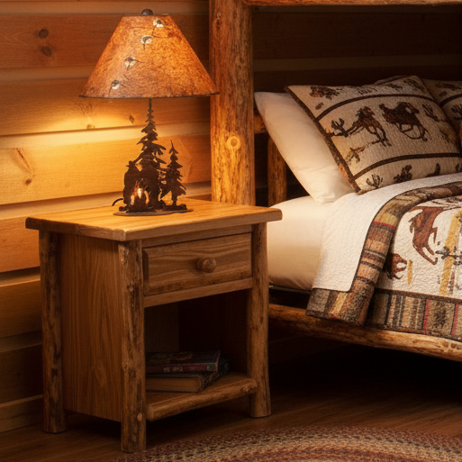 Metal lamp with Cowboys at a fire on a night stand in a rustic room setting.