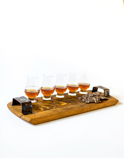 Whiskey Barrel Flight Board with Glencairn Glasses