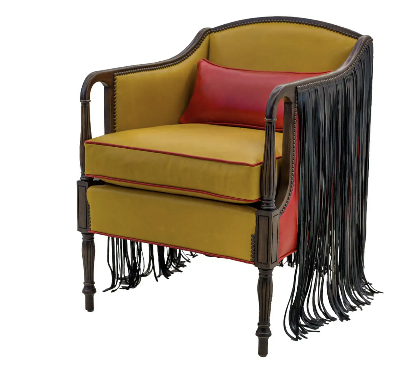 gold chair with red piping and black fringe