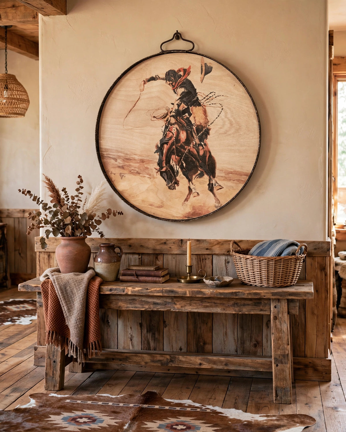 Whiskey barrel ring wall art with bucking horse design styled above a console table, Diamond W Ranch