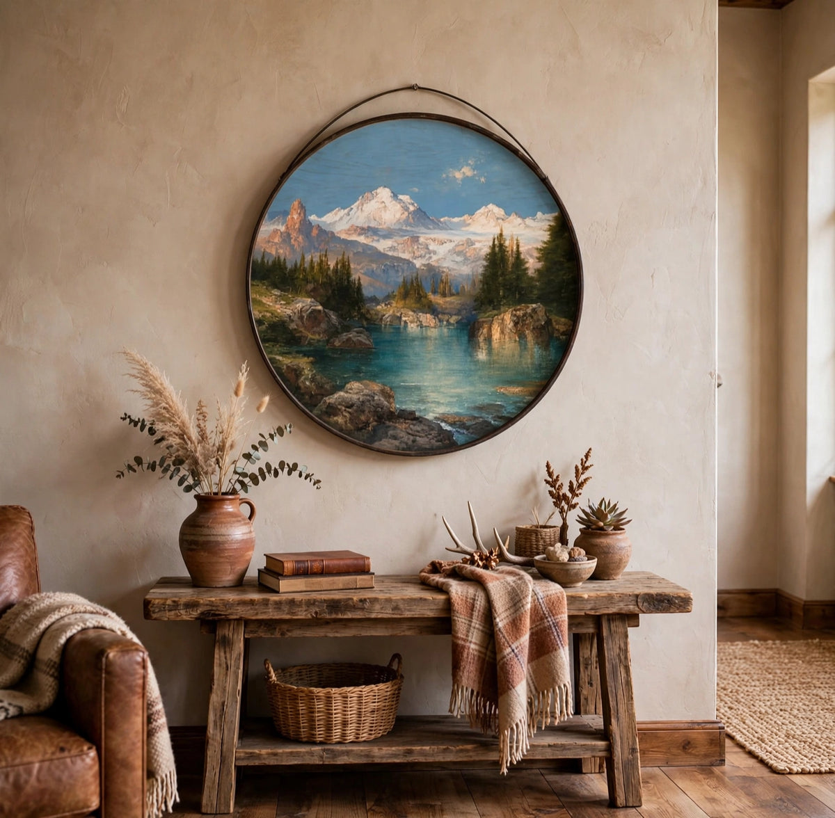 Whiskey barrel ring wall art with mountain lake design styled above a console table, Diamond W Ranch
