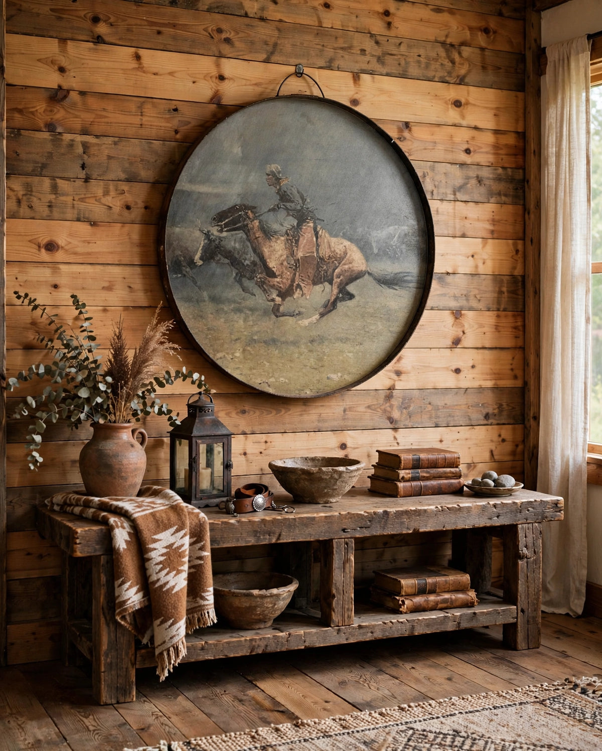 Whiskey barrel ring wall art with storm rider design styled above a console table, Diamond W Ranch