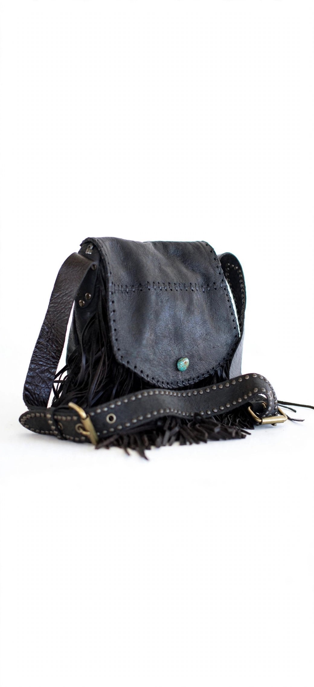 Ondina Fringe black Italian leather handbag with turquoise closure detail, Diamond W Ranch