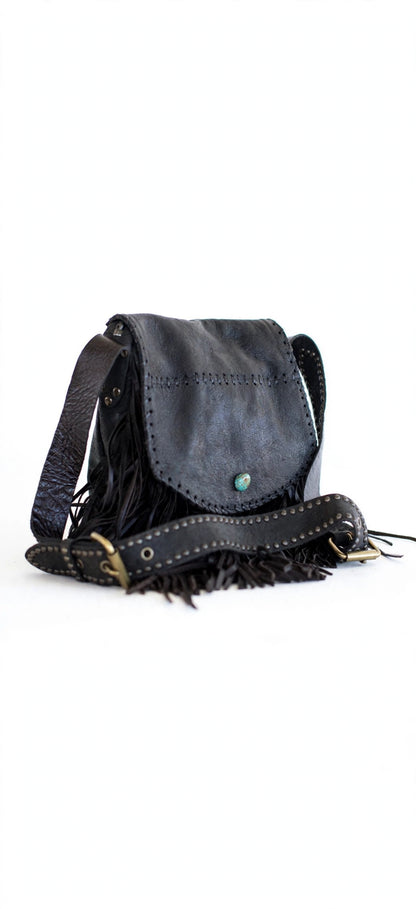 Ondina Fringe black Italian leather handbag with turquoise closure detail, Diamond W Ranch