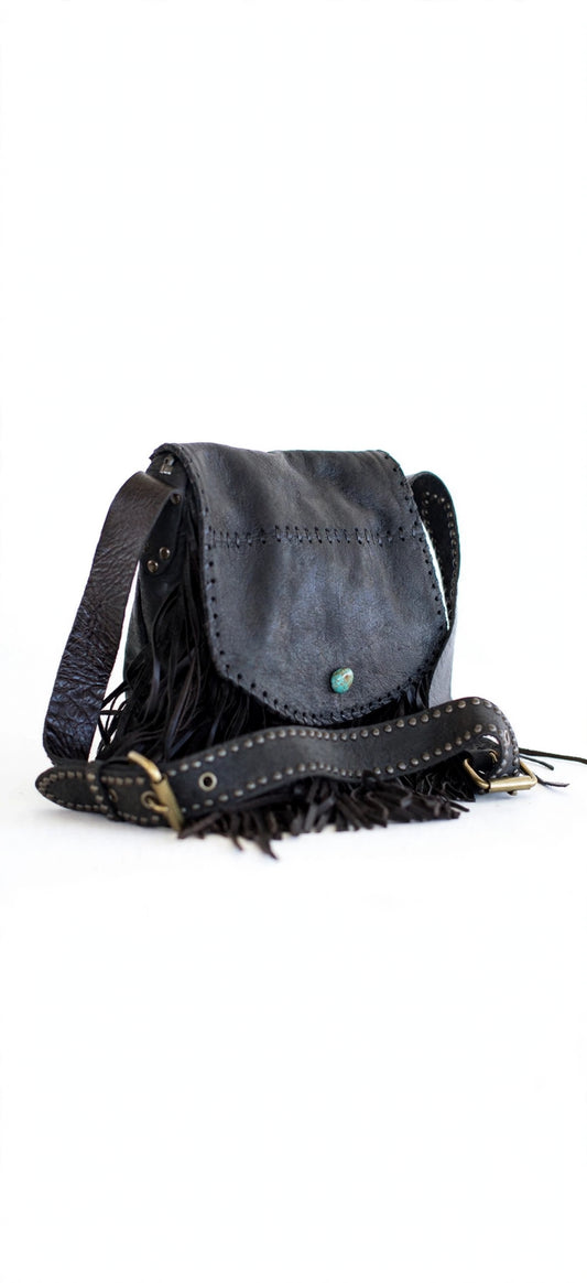 Ondina Fringe black Italian leather handbag with turquoise closure detail, Diamond W Ranch