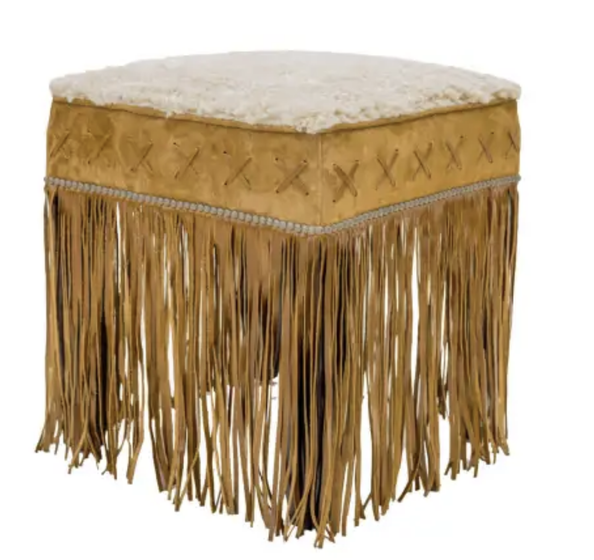 square fringed ottoman with hand lacing and sherpa seat in suede