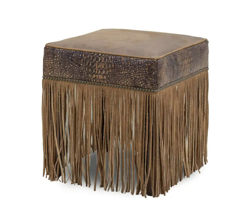 square fringed ottoman with exotic alligator seat