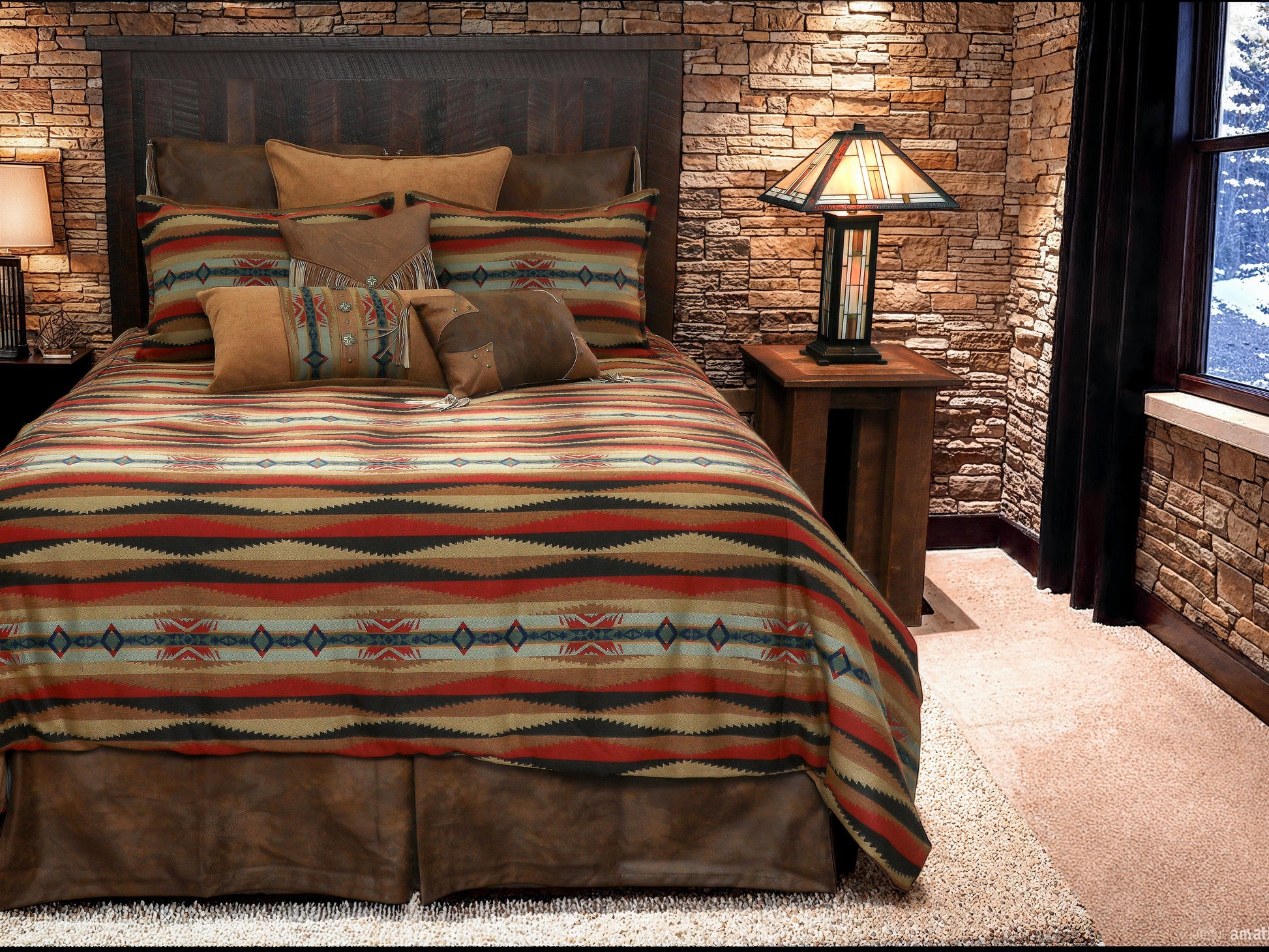 sunset canyon western bedding with pendleton design in rustic bedroom - diamond w ranch