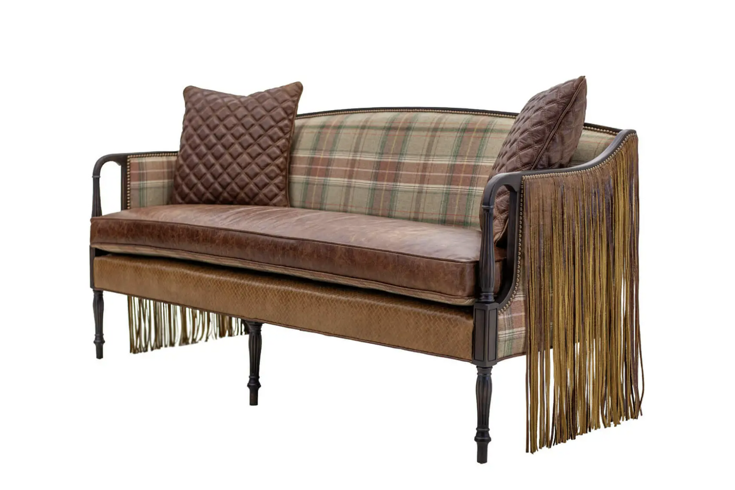 sheridan sofa with brown leather, fringe and wool plaid