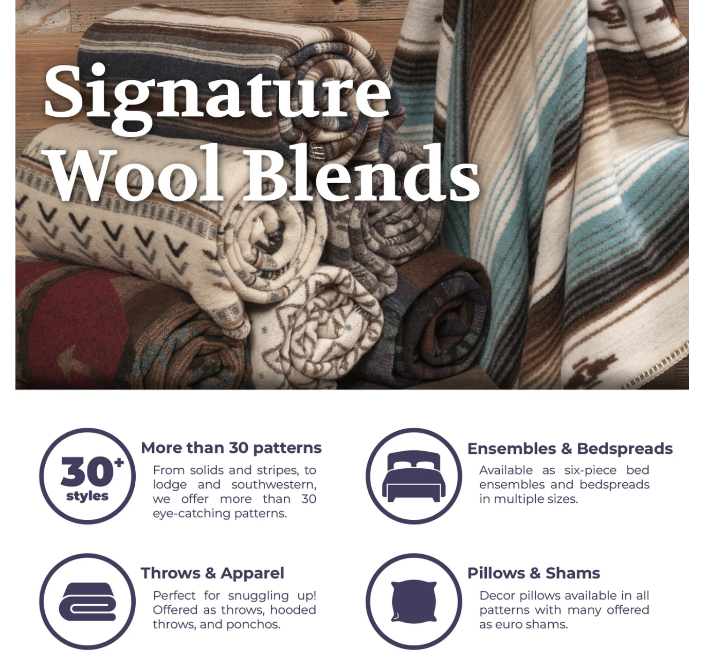 Wooded River blankets with information about wool blends