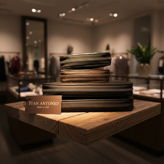 A stack of leather zipper wallets with a 'Juan Antonio' brand tag indicating they are handmade in the USA.